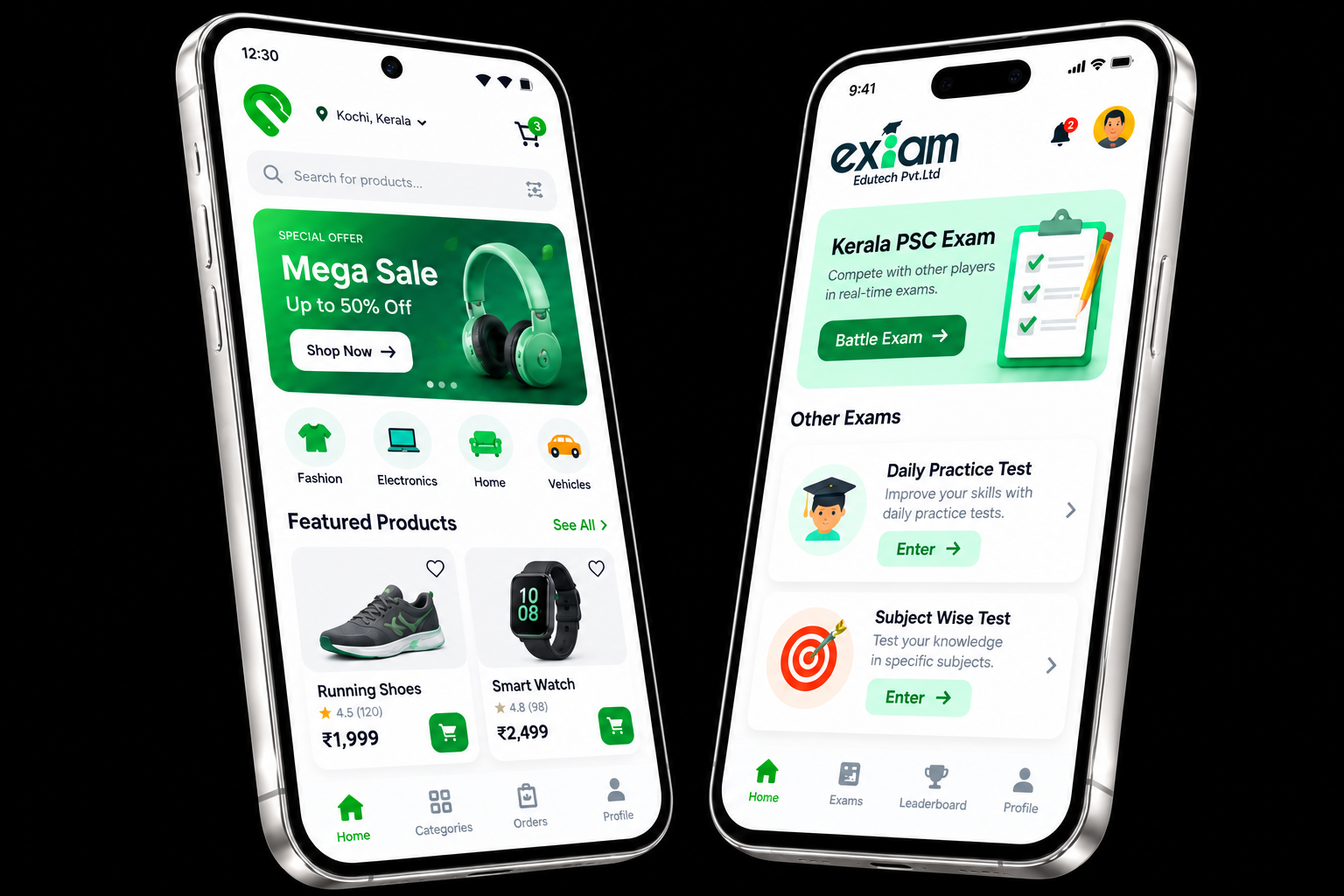 Android and iOS app mockups: an e-commerce app and an exam practice app