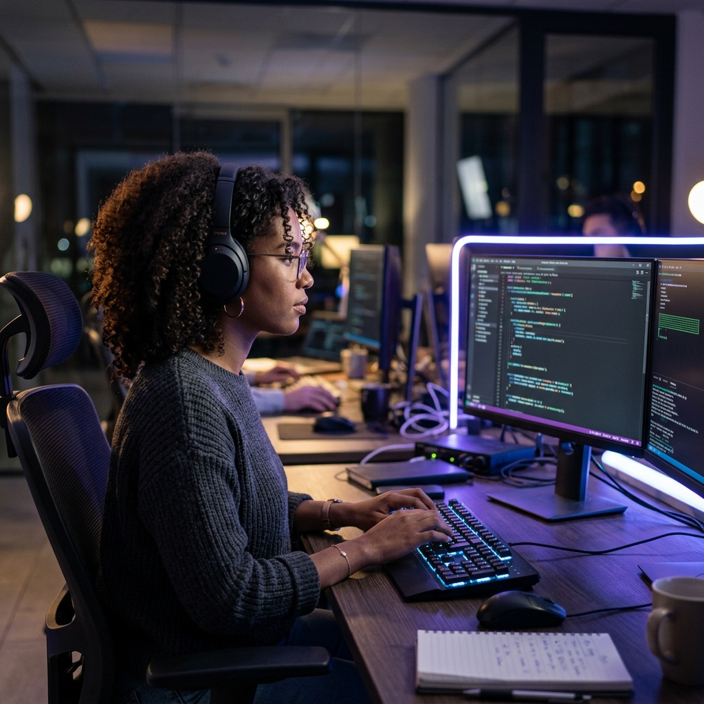 Game Developer Working curly hair headphones